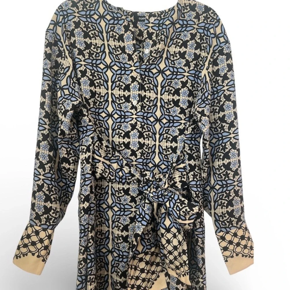 GOEN.J Silk Geometric‎ Floral Tile Print Midi Dress Blue Black Cream US 8
